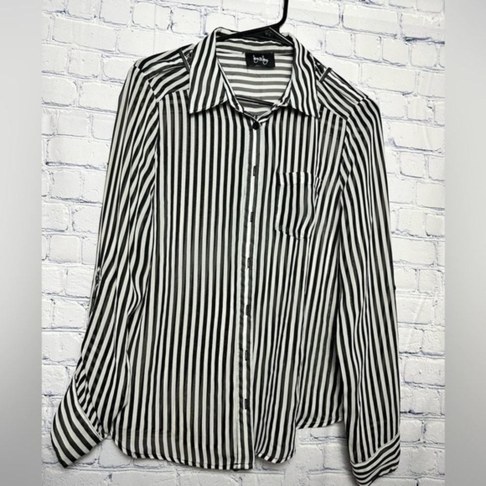By & By black and white striped semi sheer long sleeve button up shirt